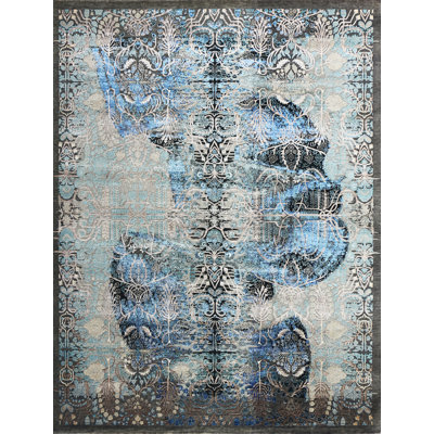 Hand Knotted Damask Area Rug in Blue/Gray/Black