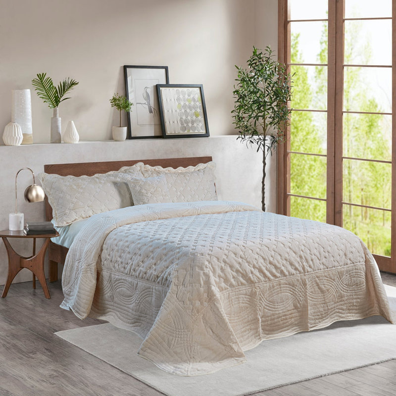 4 Piece Tatami Quilted Faux Fur Set, Queen Coverlet + 3 Additional Pieces, Taupe