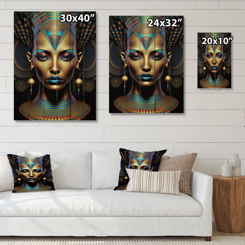 Nefertiti Beautiful Egyptian Goddess V - Egyptian Woman Print on Natural Pine Wood, 40" H x 30" W x 0.78" D
