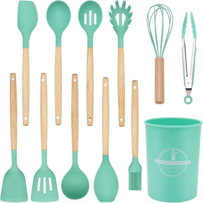 12-Piece Silicone Kitchen Utensil Set with Wooden Handles