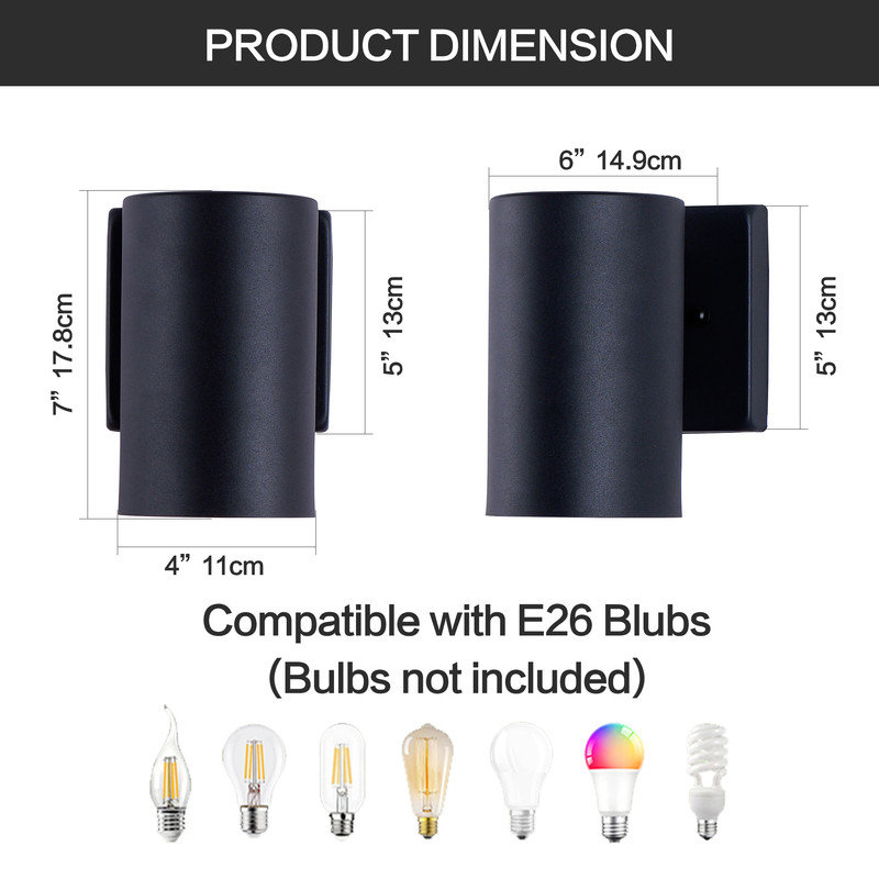 7 Inch Black Cylinder 1-Light Outdoor Wall Sconce Weatherproof Exterior House Lighting Fixture 5 Inch Wide Pack Of 2