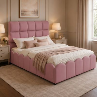 Full Size Upholstered Velvet Bed Frame with Tall Headboard, Modern Platform Bed with Wooden Slat Support, No Box Spring Needed, Easy Assembly, Pink