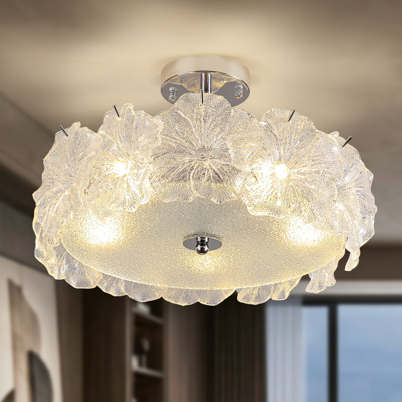 Plafonnier encastré en verre à 5 lumières (40 cm) avec diffuseur en verre en forme de trompette et intensité variable, idéal pour une chambre, un salon ou un couloir.