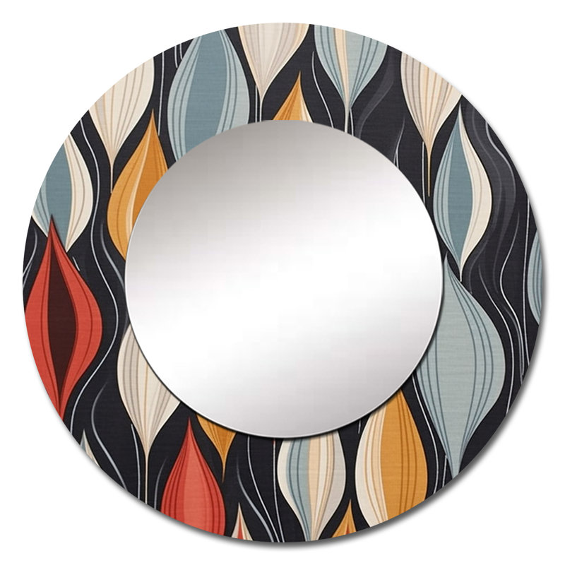 Rétro abstrait feuilles II - miroir géométrique, miroir mural rond unique moderne, art imprimé en métal, 29 po x 29 po