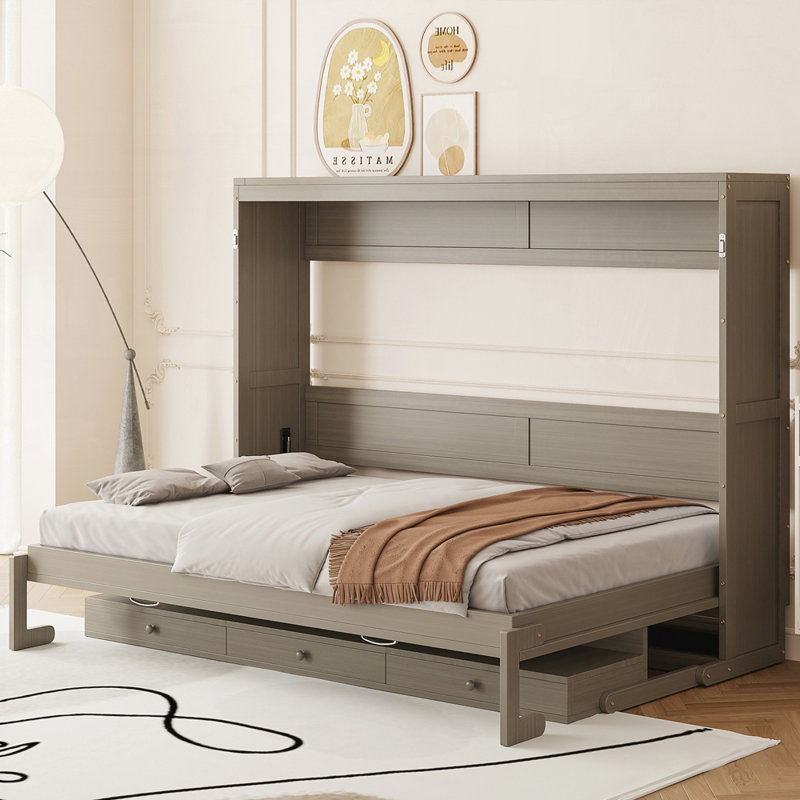 Lit escamotable mural avec rangement, armoire-lit pliable avec coiffeuse, miroir central 2 tiroirs latéraux