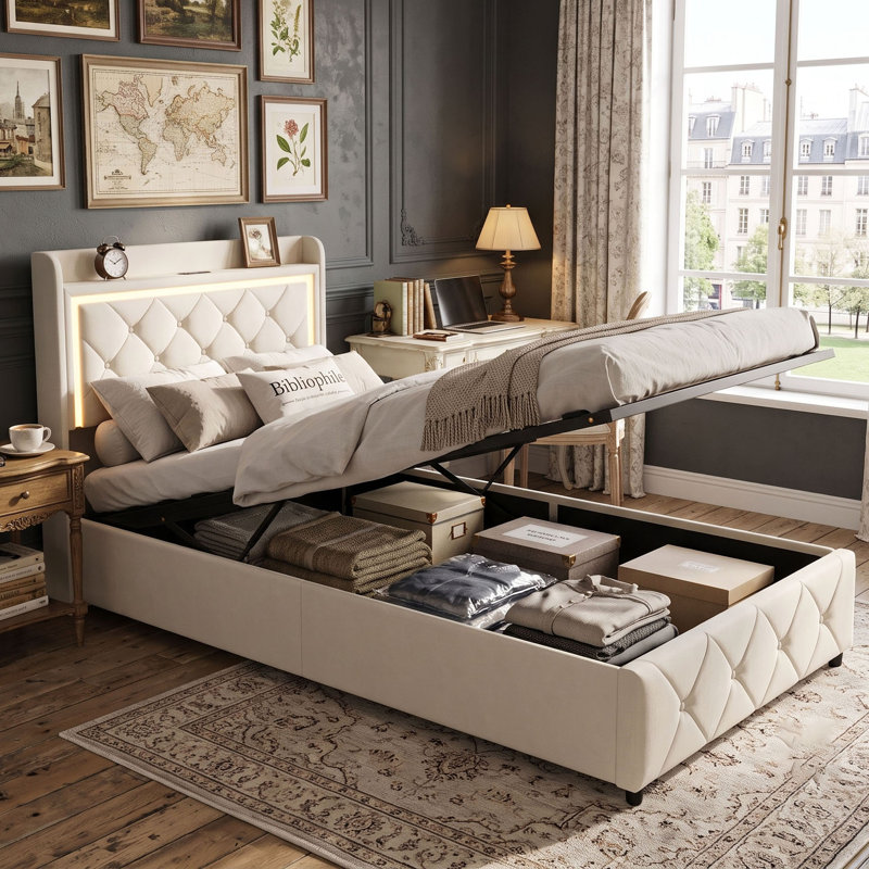 EU & UK Sizes Velvet Ottoman Bed With LED Storage Headboard, Upholstered Bed Frame With Charging Port, Beige