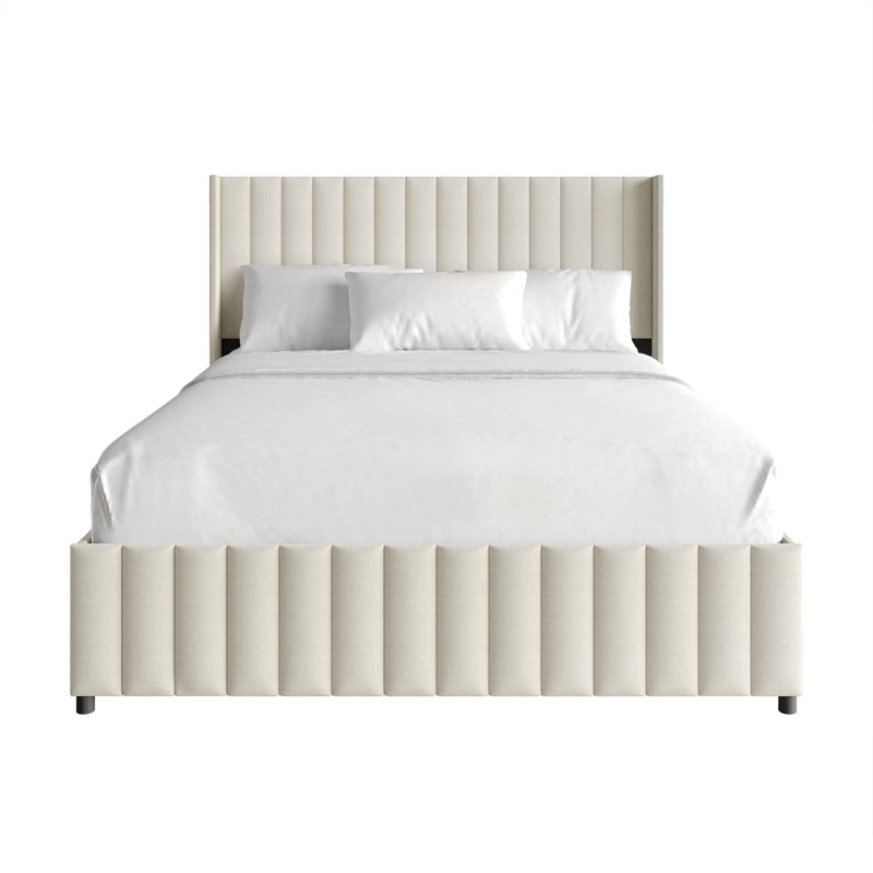 GRANDE PLATE-FORME WINGBACK DE GRANDE TAILLE ÉLEVÉE EN LIN BEIGE, Beige, Grand lit