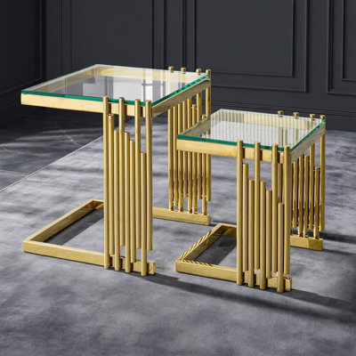 Luxury End Table Set of 2, Gold Steel Frame, Clear Tempered Glass Top Side Table, Living Room Nesting Table