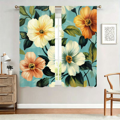 2Pcs Floral Print Curtains, Light Filtering, Artistic Pattern, Decorative Window Panels, Privacy Protection, Suitable for Living Room, Bedroom, Kitchen Home Decor