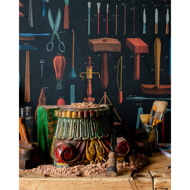 The Artists House Wallpaper Roll, Taupe/Red/Blue