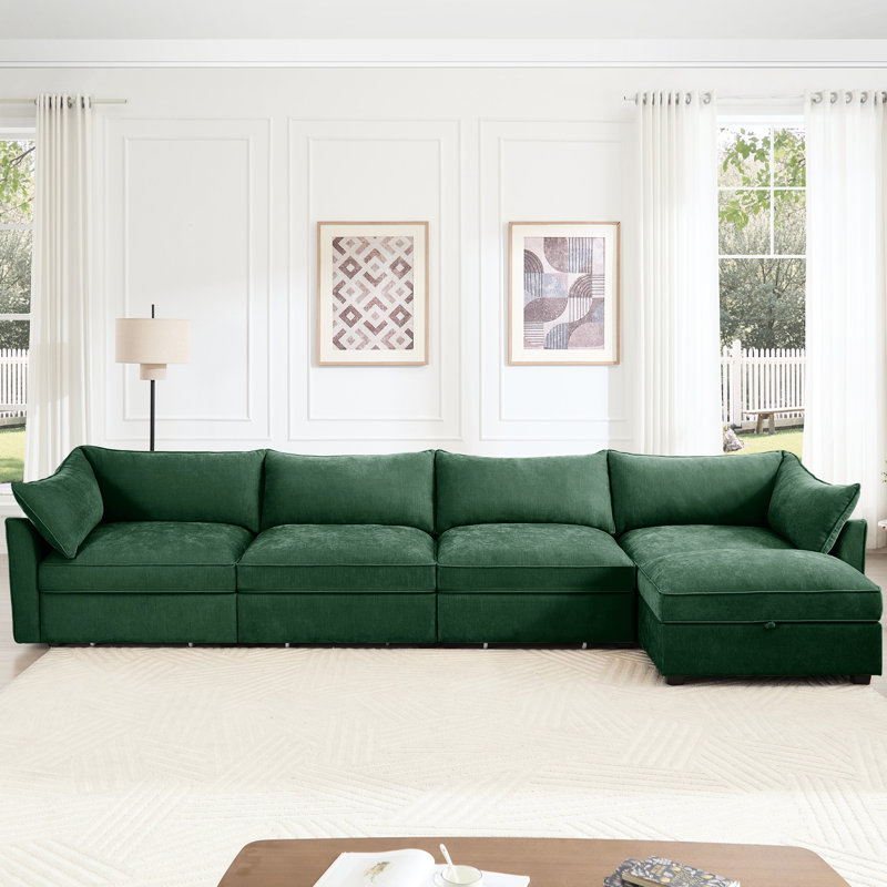 Canapé modulaire en L à 4 places avec revêtement en chenille, coussins amovibles en forme de croissant, enveloppants et rangement escamotable pour le tissu de la maison