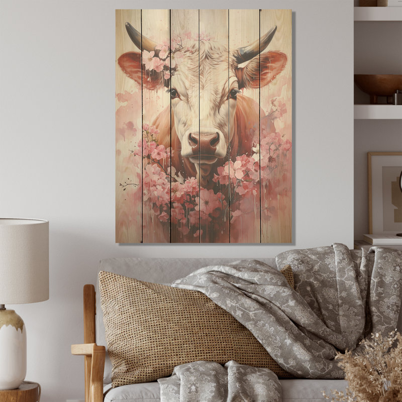 Romantisme, vache rose, portrait I - Vache, art mural sur bois de pin naturel, H 20 po x l 10 po