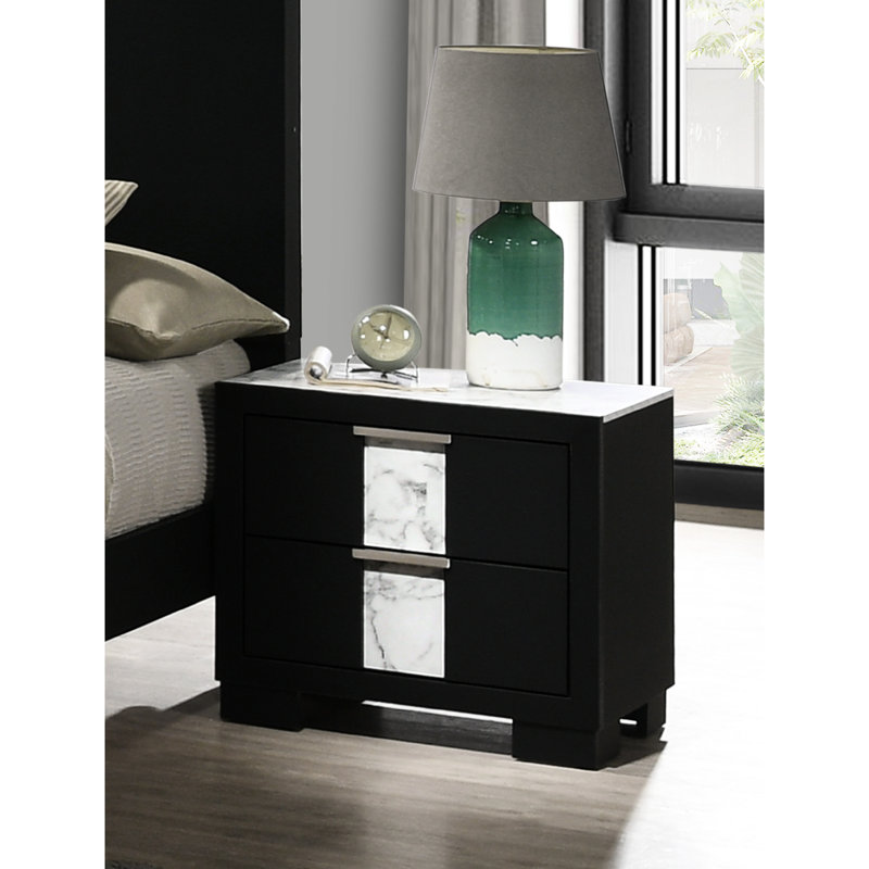 Table de chevet en bois massif pour une chambre à coucher confortable contemporaine avec finition et rangement à deux tiroirs