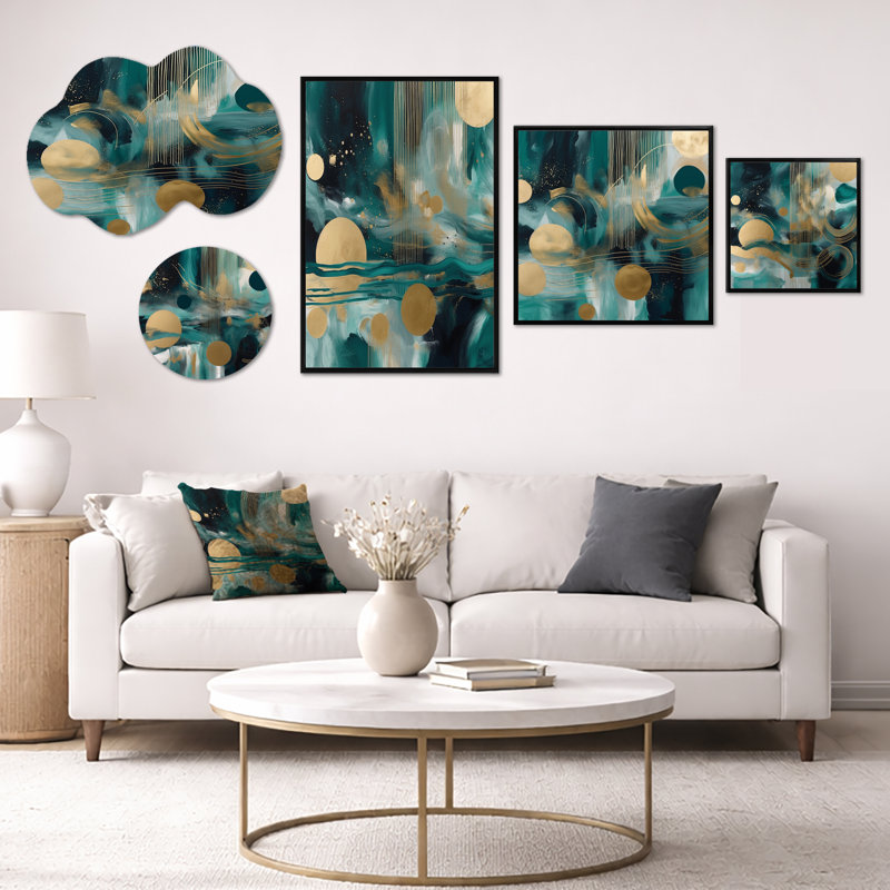 Vivid Emerald & Gold Contour Circles II - Large, art mural abstrait, ensemble de 5 toiles encadrées et métal (100 po x 40 po)