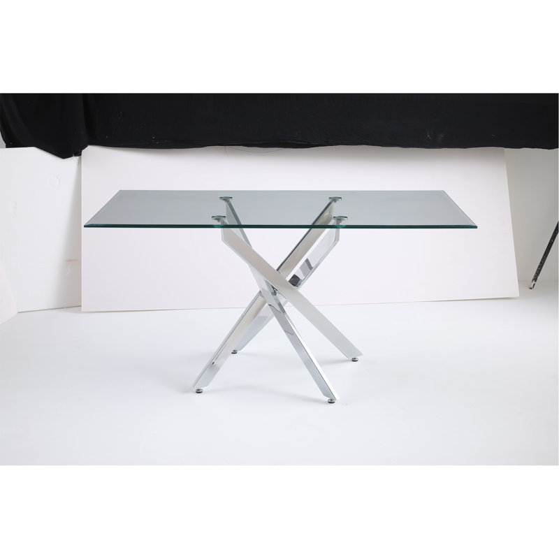 Table rectangulaire moderne en verre trempé et cadre en fer argenté, H 29,53 po x L 59,06 po x l 35,43 po