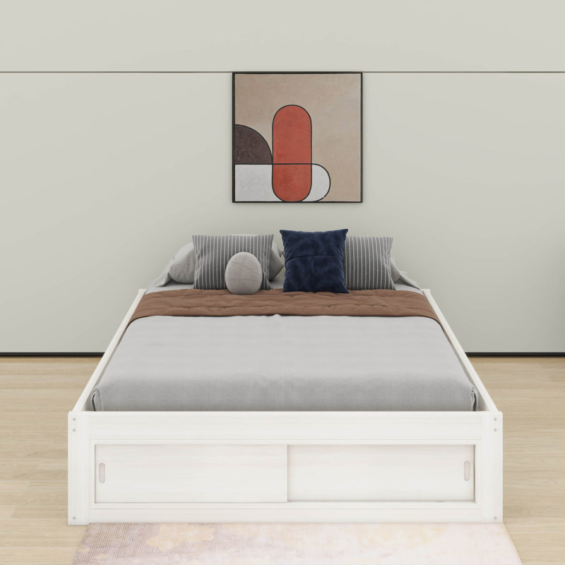 Lit plateforme moderne avec tiroirs, cadre de lit en bois avec casier de rangement au pied de lit, sans tête de lit