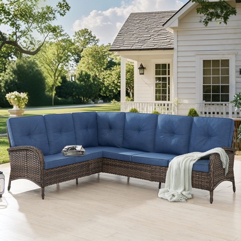  Valierius L-Shaped Outdoor Sectional Sofa Set, PE Wicker Couch With Water-Resistant Olefin Cushions, Blue