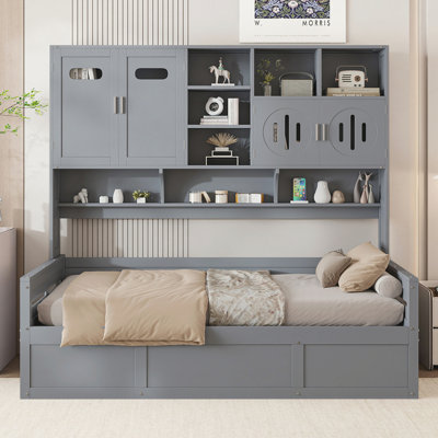 Lit de jour simple en bois avec lit hydraulique et armoire et tablette tout-en-un