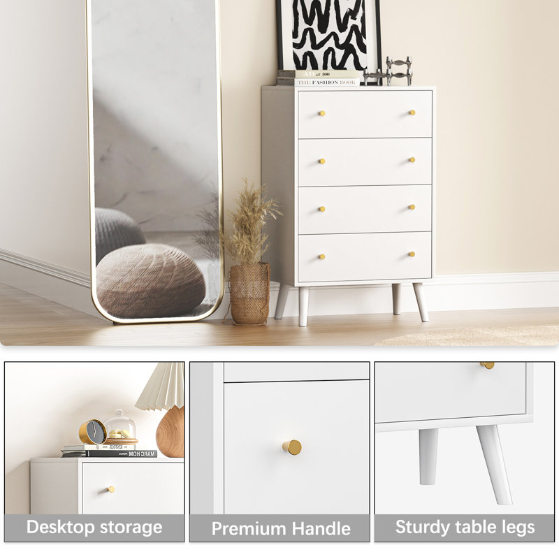 Modern White Tall Chest of Drawers with Gold Handles