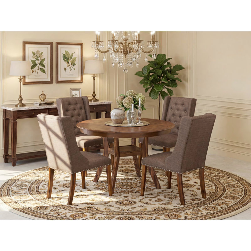 L'ensemble de table de cuisine 5 pièces comprend une table de salle à manger en bois et 4 chaises en tissu de lin brun avec dossier capitonné, noyer antique