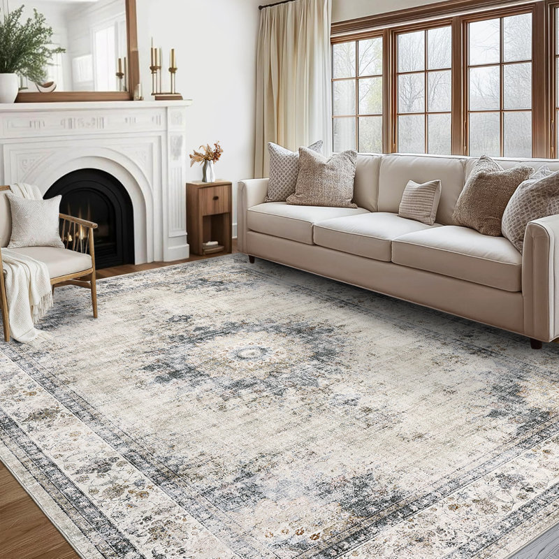 Machine Washable Rugs Oriental Floral Non-Slip Low Pile Rubber Backing Area Rug for Living Room Bedroom Kitchen Dining Room