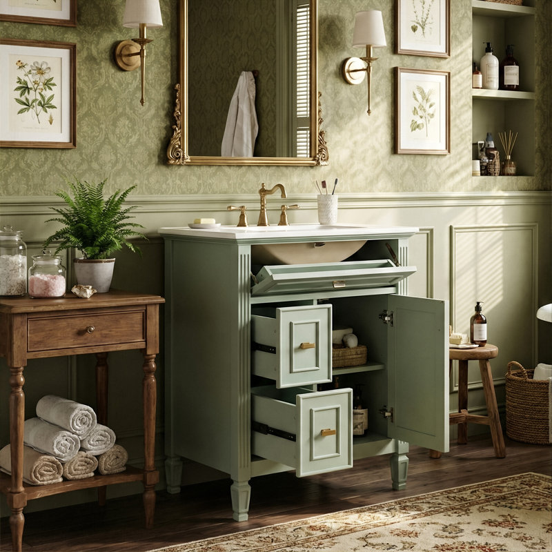 24" Smart Storage Bathroom Vanity With Ceramic Sink, Solid Wood Cabinet With Flip-Out Drawer & 2 Side Drawers (Green), Green