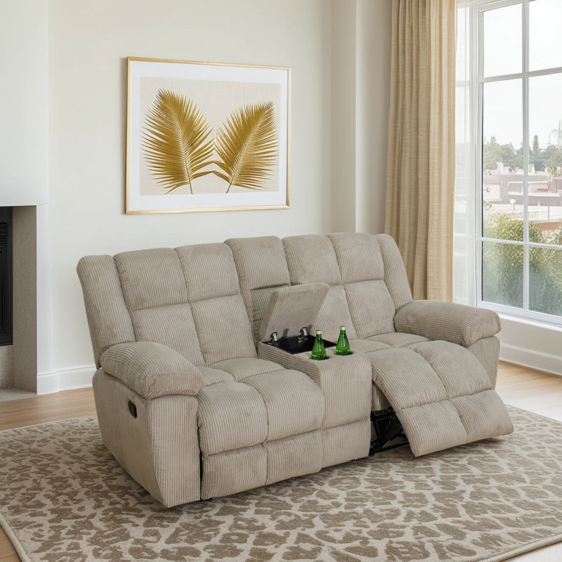Manual Reclining Loveseat With Middle Console - Corduroy Upholstery, Dual Cup Holders, Split-Back Design, Beige