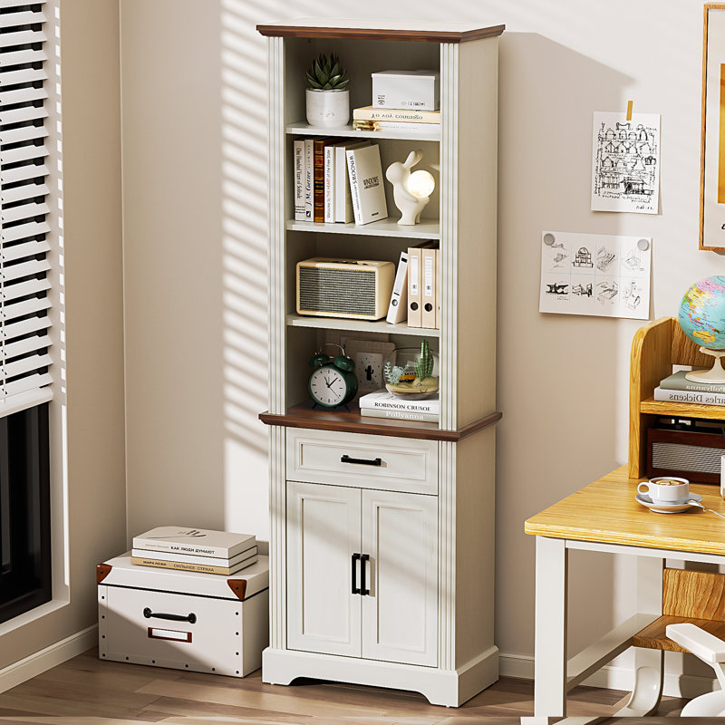 Bibliothèque à 5 niveaux avec bibliothèque réglable de 72 po avec portes et armoire de rangement, Blanc