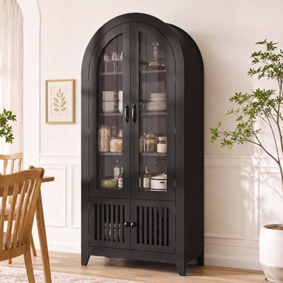 Arched Storage Display Cabinet with Glass Doors and Adjustable Shevles for Kitchen Living Room