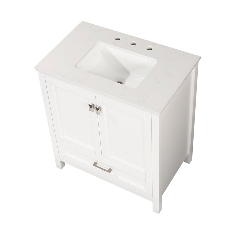 30-Inch Freestanding Bathroom Vanity With Carrara Engineered Marble Top, Under-Mounted Ceramic Sink, And Soft-Close Storage Door
