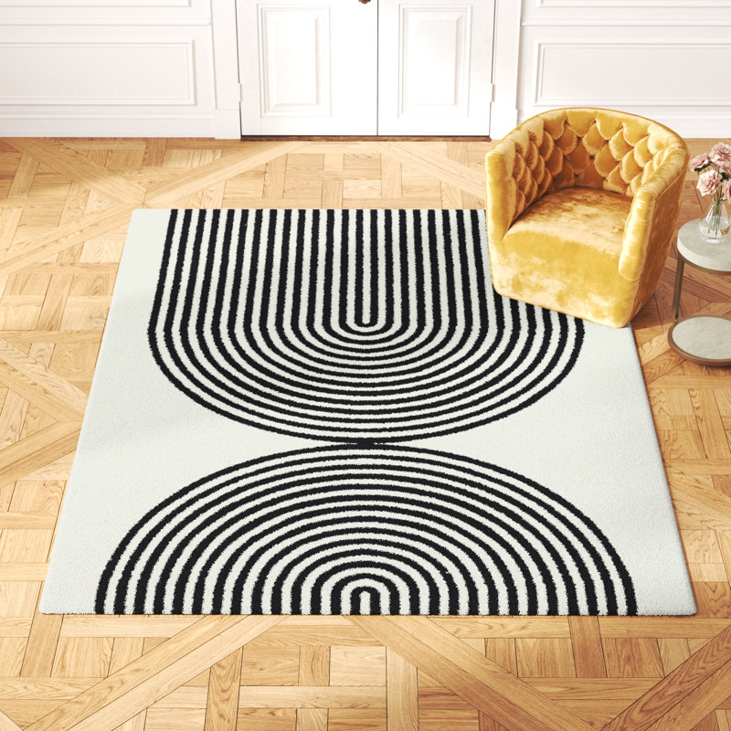 Tapis géométrique noir / beige Valeria, Rectangle 7 pi 10 po x 10 pi