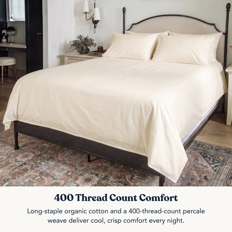 Perecale Bedding 100% Organic Cotton Percale Flat Sheet, 400 Thread Count GOTS Certified, Smooth & Moisture-Wicking, Ivory