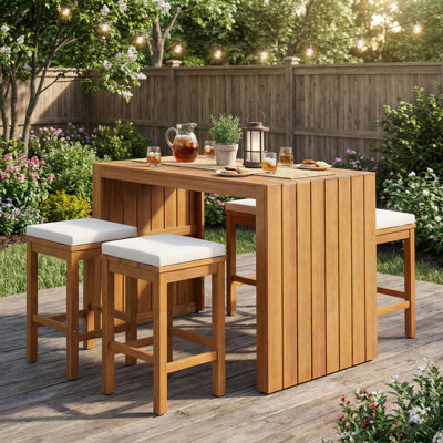 5 Pieces Outdoor Bar Set, Patio Acacia Wood Bar Height Table & Four Stools with Cushions, Wood Dining Bar Set for Backyard, Poolside, Balcony