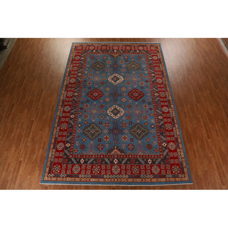 Tapis bleu / rouge / brun en laine noué à la main de conception unique 9 pi 11 po x 14 pi 10 po New Age