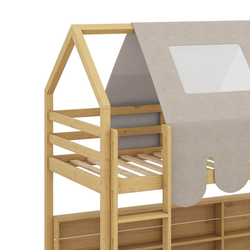 Lit mezzanine simple avec tente, Naturel / Beige