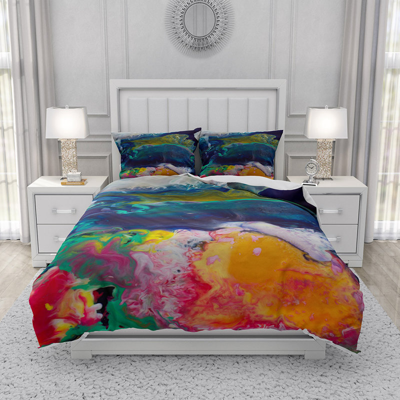  Ensemble de housse de couette en microfibre bleu, jaune et vert 3 pièces, Housse de couette pour très grand lit et 2 très 