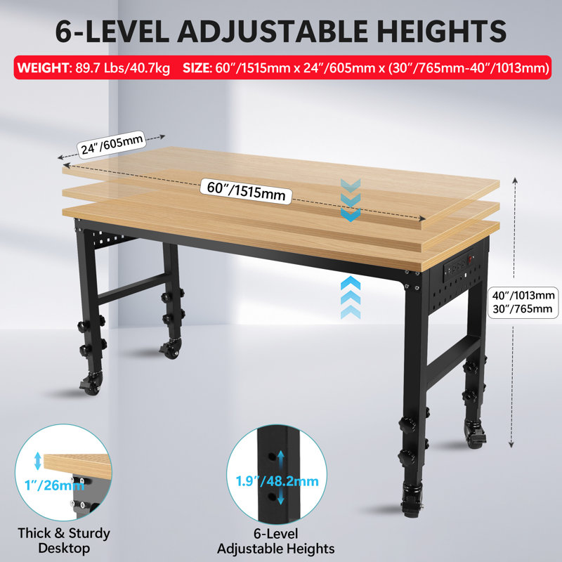 Établi à hauteur réglable avec roulettes, H 40 po x l 60 po x P 24 po