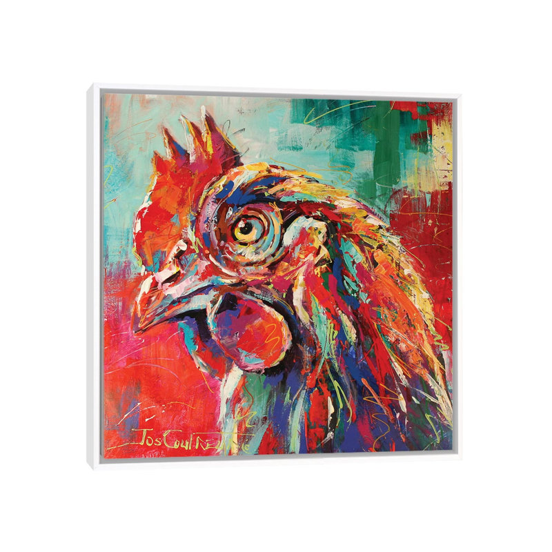 Poulet par Jos Coufreur - imprimé, H 18 po x l 18 po x P 1,5 po, Toile blanche encadrée, Aucun mat