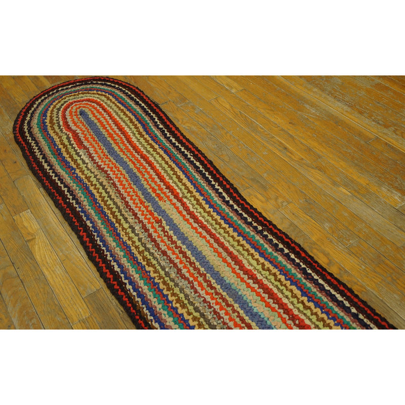 Striped Vintage Mid Century Modern Extra Long and Narrow Braided American Hallway Runner Rug