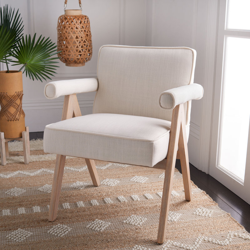 Velveteen Upholstered Armchair, White Washed, Bone Linen