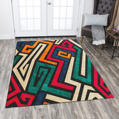 Stylish Woven Carpet (3.1 x 4.6 ft), 100% Polyester, Non-Slip Felt Dot Underside | Raschel Knitting, 0.4 in Pile Height | Machine Washable, Digital Print Design | Perfect for Living Room, Bedroom & Office Decor