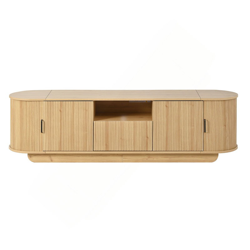 Meuble télé avec tablette ouverte, tiroir, armoires, rangement coulissant caché, coins arrondis, l 70,86 po