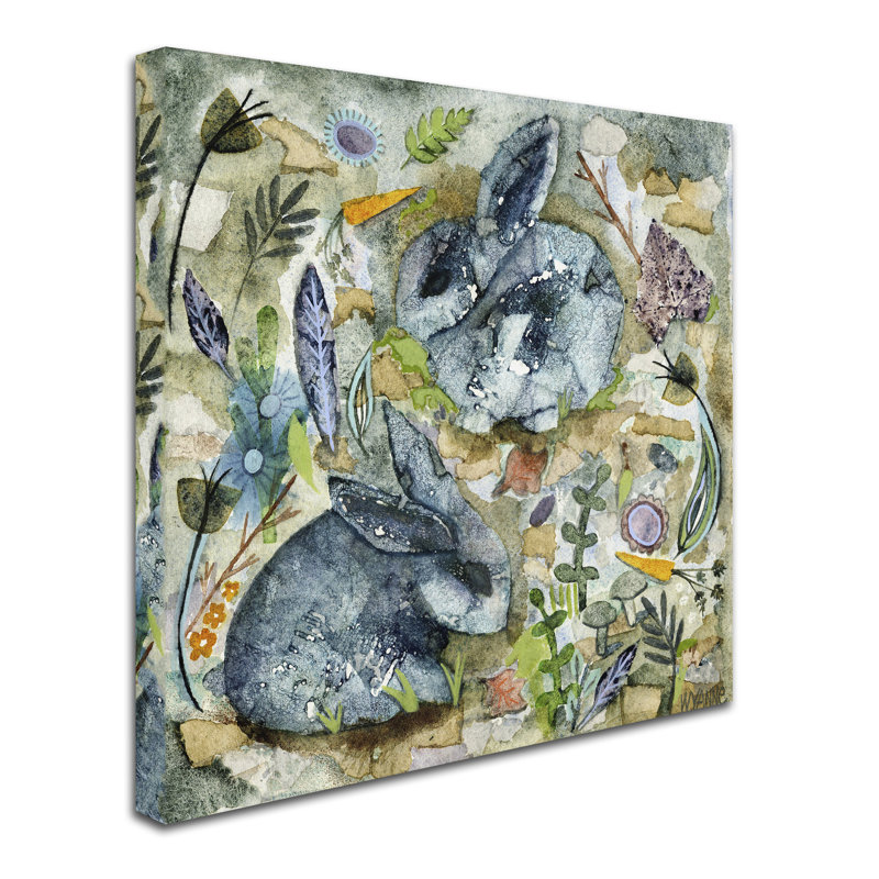 Rainy Day Rabbits Eclectic Canvas Art with Wooden Frame