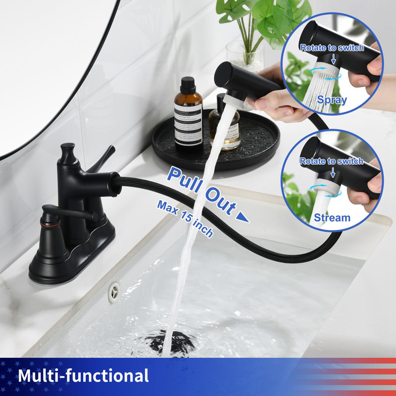 Two-Handle 4" Centerset Pull-Out Bathroom Faucet, Matte Black