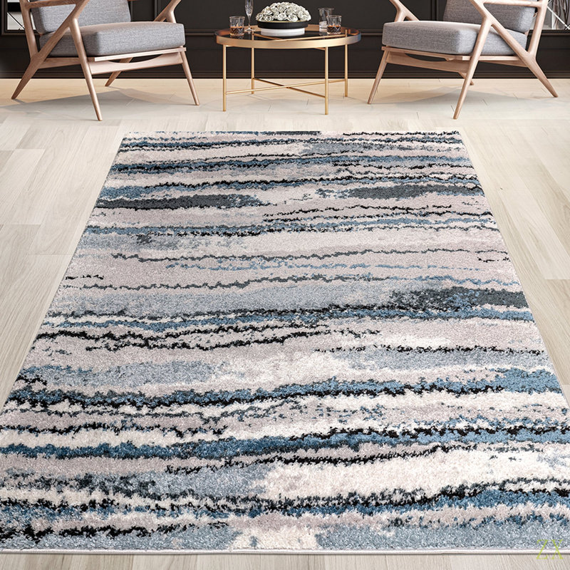 Tapis tissé à rayures abstraites, Bleu, Rectangle 5 pi x 7 pi