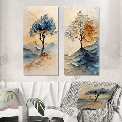 Grey Fauvist Wilderness Tree Of Life I - Tree Of Life Canvas Wall Art 2 Pieces Set