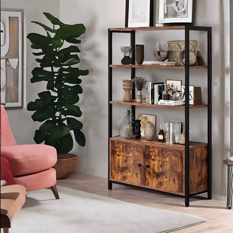 Abisia Bookcase Cabinet Sideboard Storage Industrial Rustic Brown Living Room Furniture