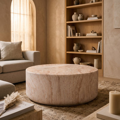 Art Deco Round Faux Travertine Coffee Table - Low-Profile Indoor & Outdoor Accent Table for Living Rooms and Patios