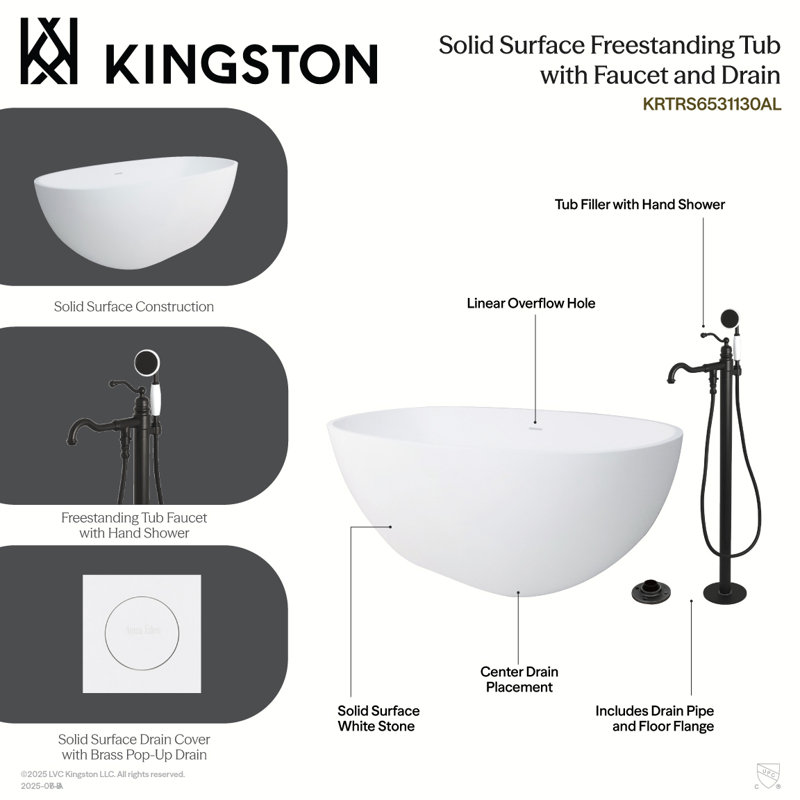 Kingston Brass Arcticstone 65-Inch Solid Surface Oval Double Ended Freestanding Tub With Faucet Combo And Drain, Matte Black