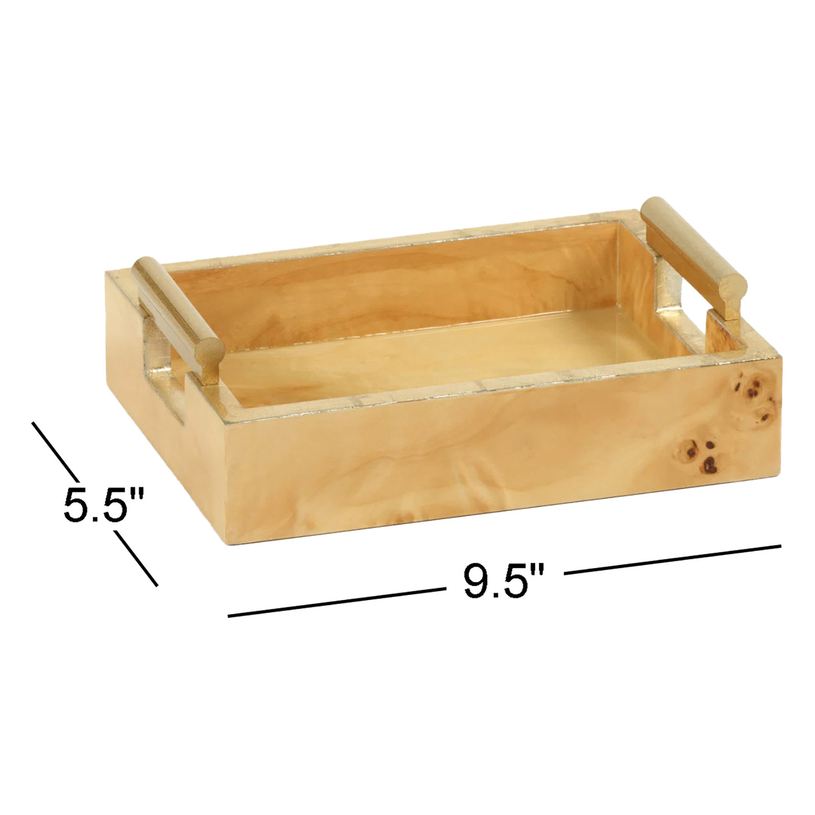 Niara Burl Wood and Metal Rectangular Tray, 2" H x 9.5" D x 5.5" W